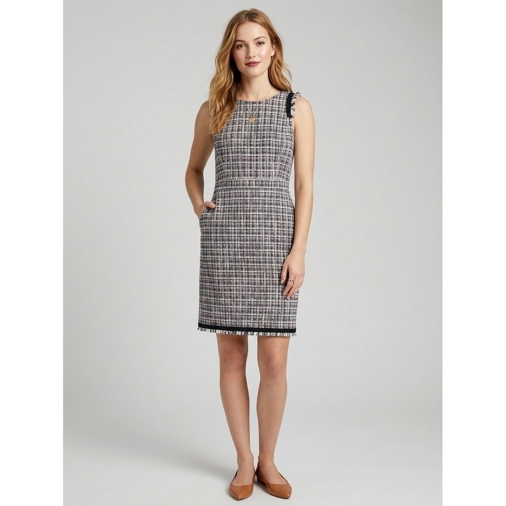 J.Crew Womens Tweed Sheath Dress Navy White Red Plaid Fringe Trim Size 0